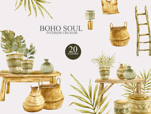 Download Watercolor Boho Interior Clipart Set - Boho interior Collection