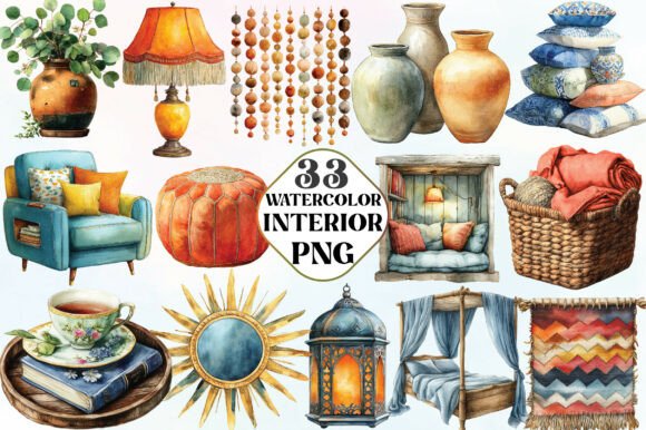 Download Watercolor Boho Interior Clipart - Boho interior Collection