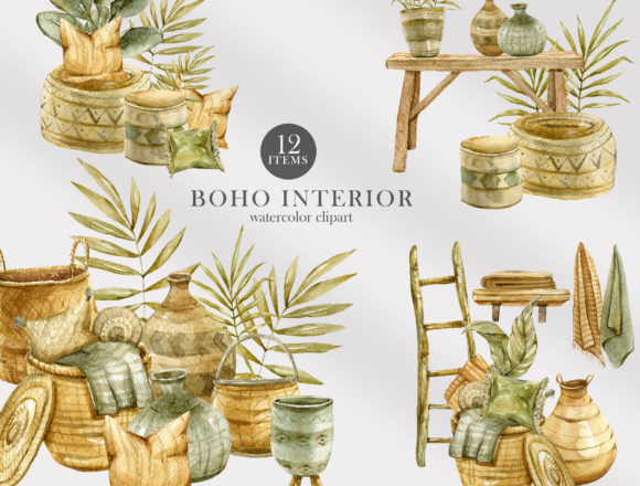 Download Watercolor Boho Interior Decor Clipart - Boho interior Collection