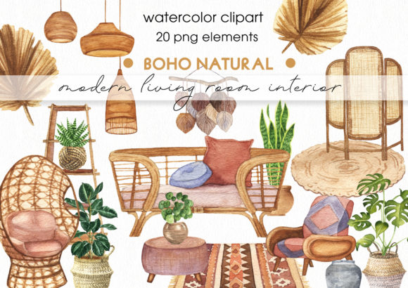 Download Watercolor Modern Boho Interior Clipart - Boho interior Collection