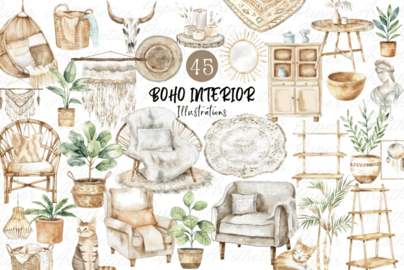 Download Watercolor Boho Interior Decor Clipart - Boho interior Collection